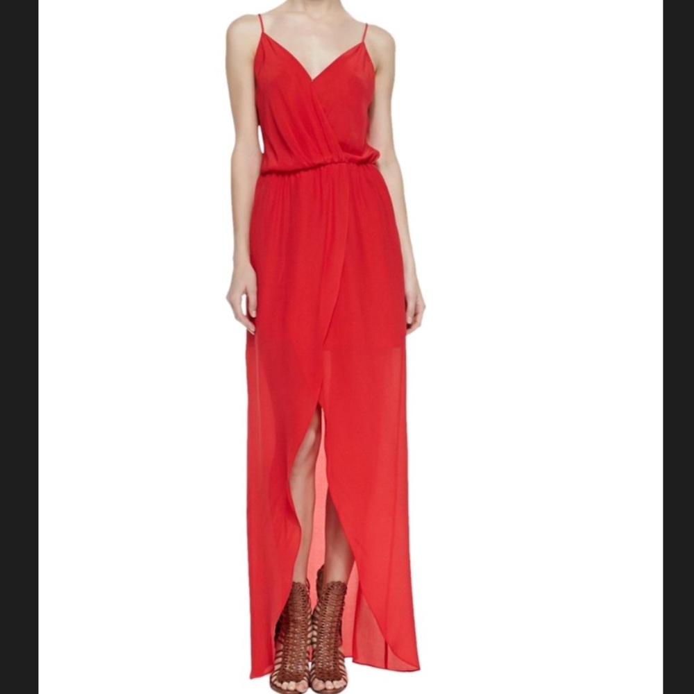 Neiman Marcus Draped Tulip Silk Maxi Dress, Red